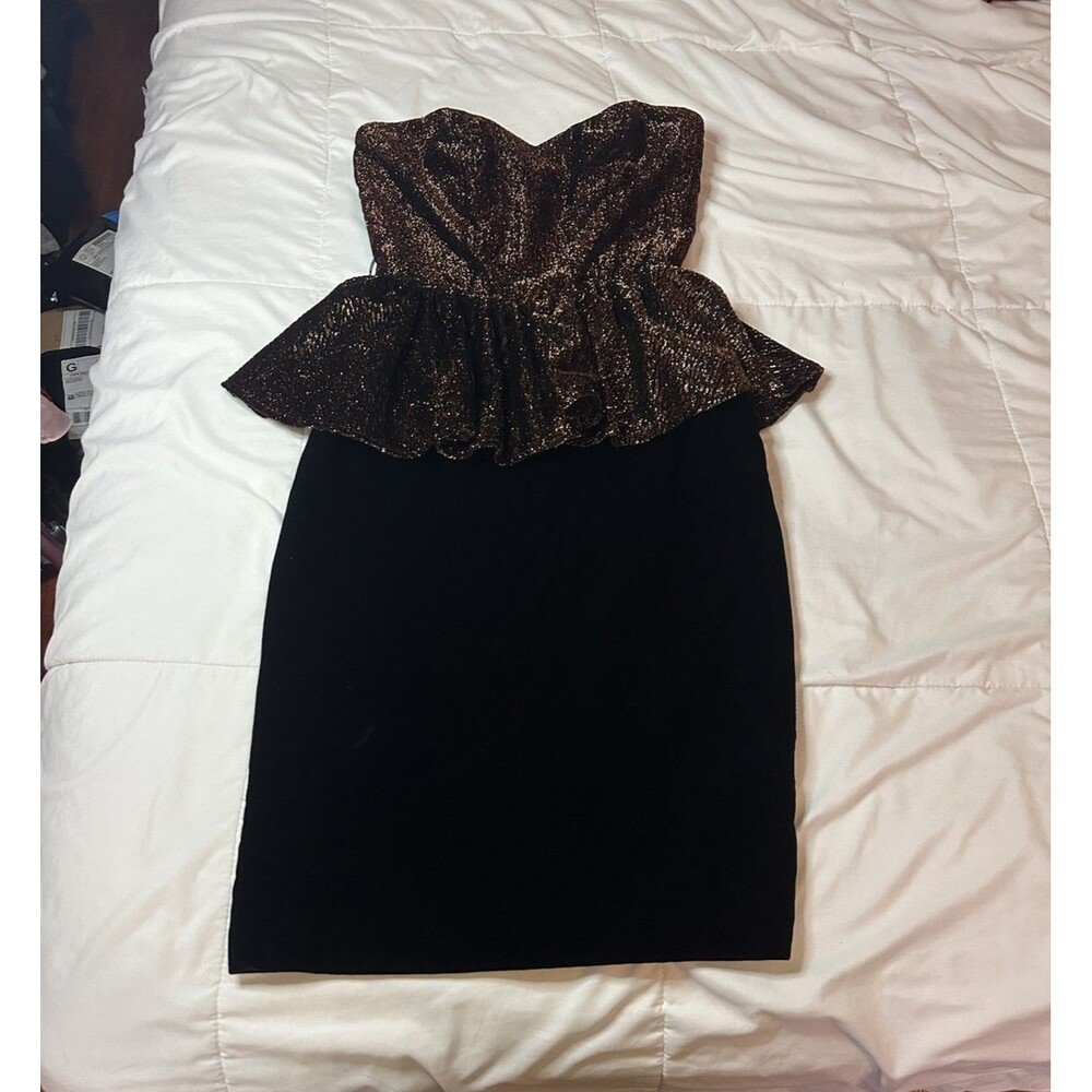 VTG 80s Hearts Cocktail Copper Bronze Pencil Dress Velvet Black Sz 5/6 Womens